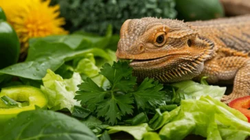 A healthy bearded dragon eating a fresh salad with parsley, kale, bell peppers, and other vegetables in a bright, natural setting.