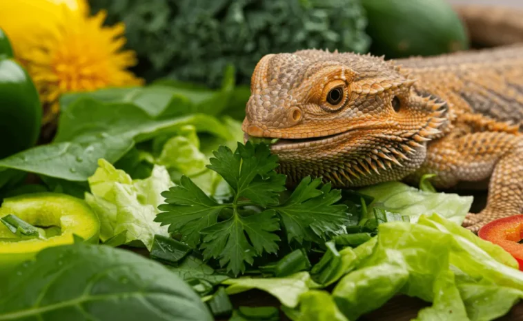A healthy bearded dragon eating a fresh salad with parsley, kale, bell peppers, and other vegetables in a bright, natural setting.