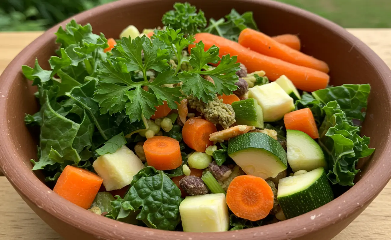 A colorful bowl filled with parsley, kale, zucchini, and carrots, ideal for a bearded dragon’s balanced diet.