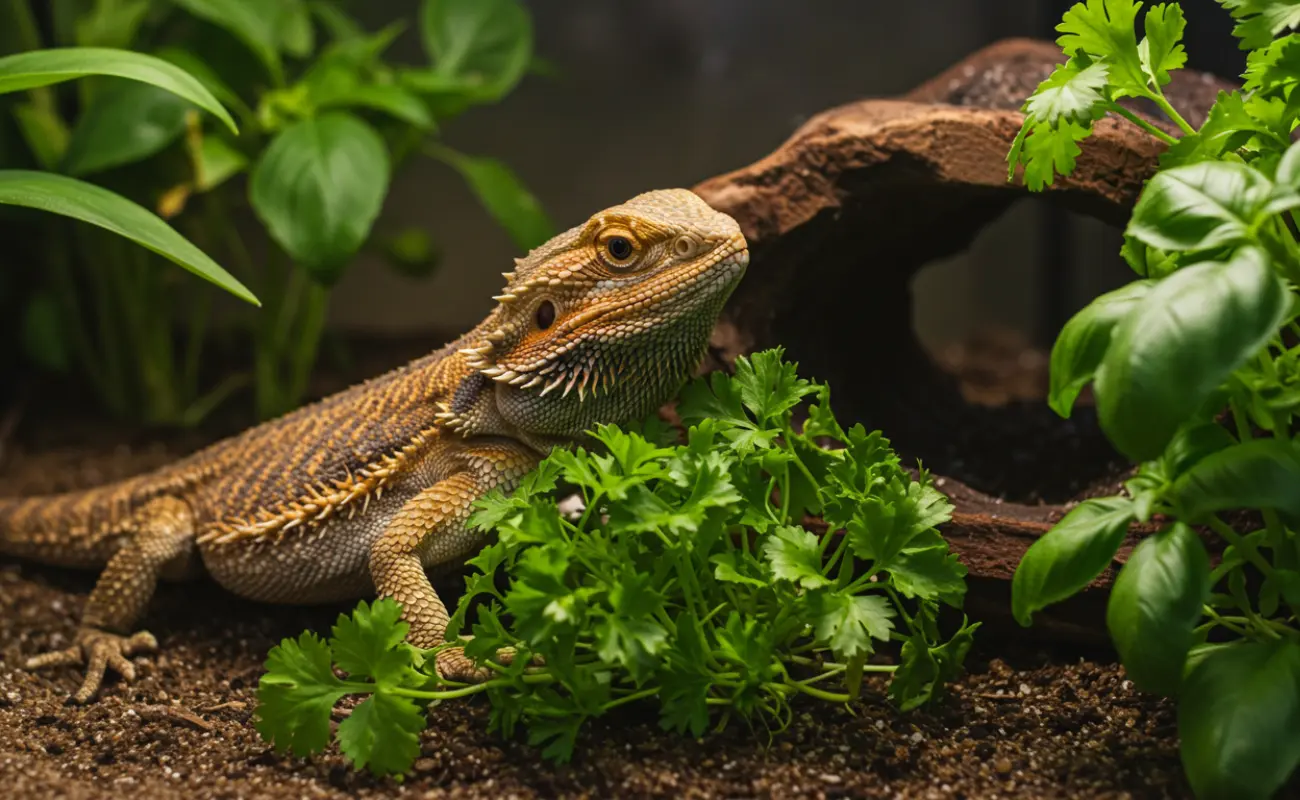 A bearded dragon exploring a small arrangement of parsley plants and other safe herbs in its natural habitat enclosure.