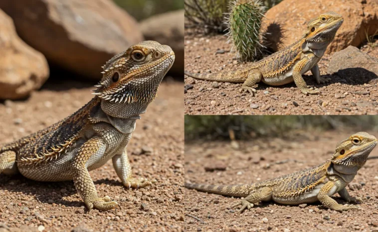 Side-by-side comparison of male and female bearded dragons highlighting their size, behavior, and physical traits, such as the darker beard of the male and the smaller, more docile nature of the female.