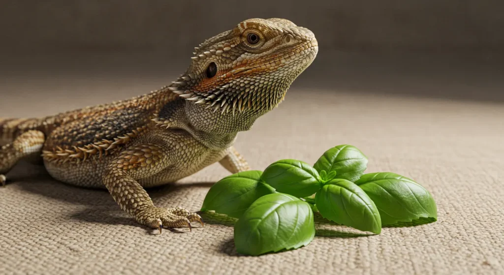 Bearded dragon sitting beside fresh basil leaves