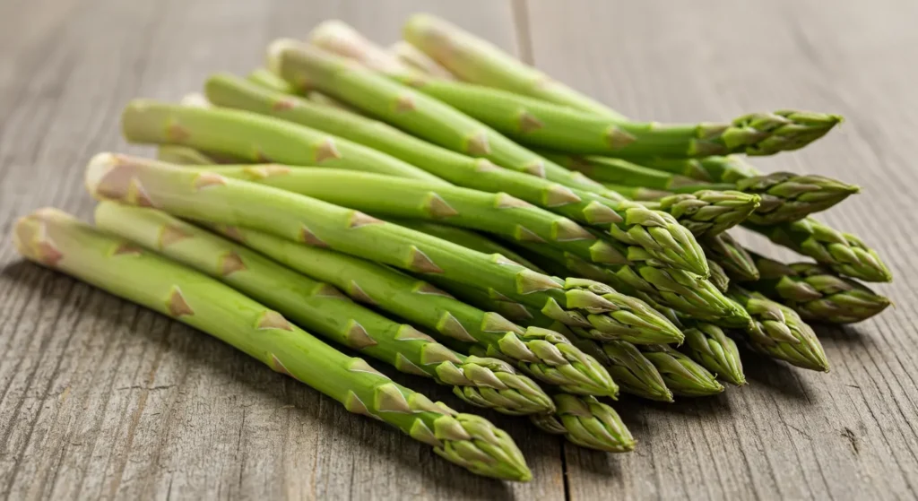 Fresh asparagus spears on wooden table for bearded dragon diet – can bearded dragons eat asparagus