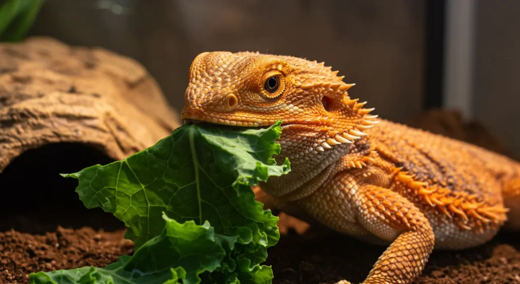 Bearded dragon eating fresh kale leaves, showcasing the importance of bearded dragon kale in their diet.
