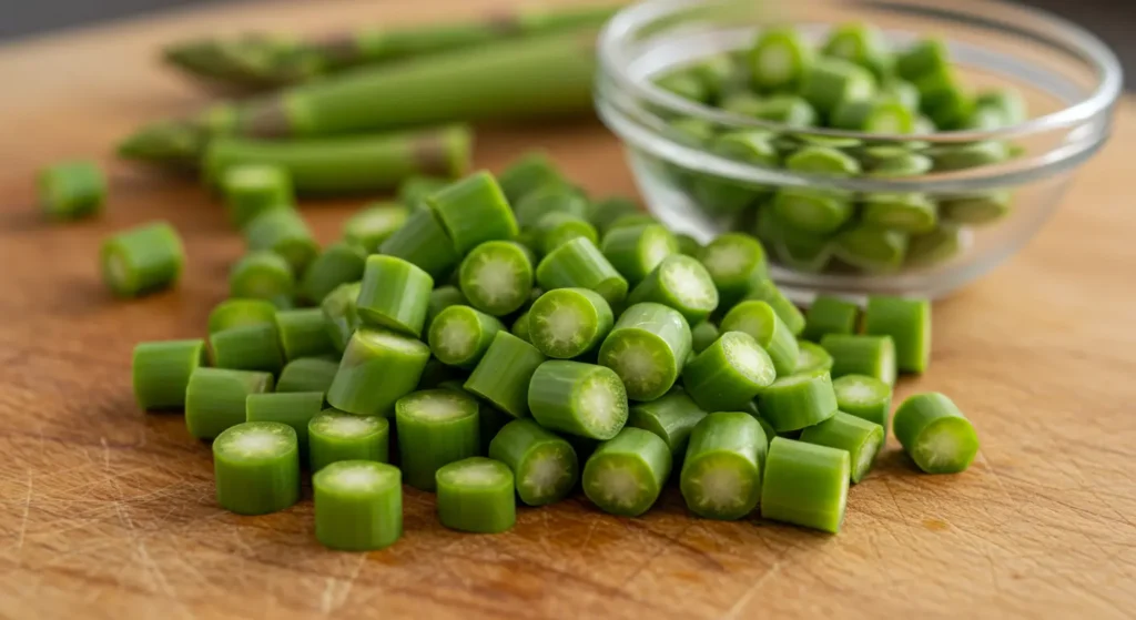 Small chopped pieces of asparagus prepared for bearded dragon feeding – can bearded dragons eat asparagus