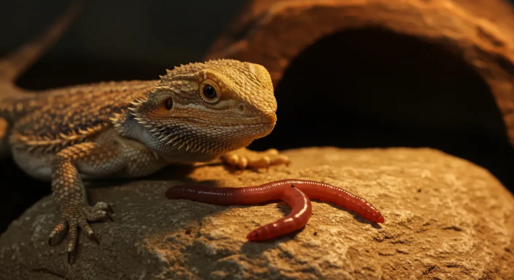 Bearded dragon looking at an earthworm in its enclosure