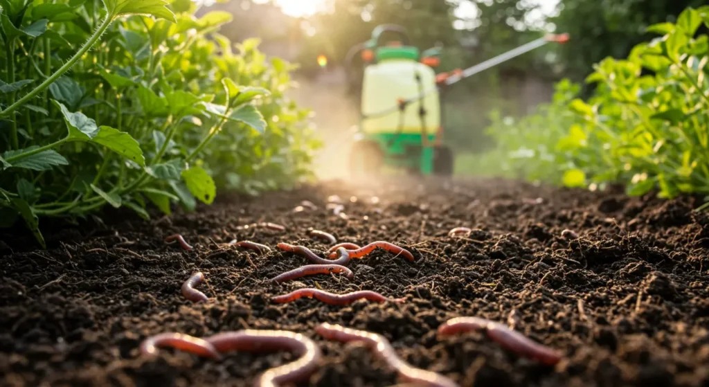 Earthworms in garden soil near pesticide bottle