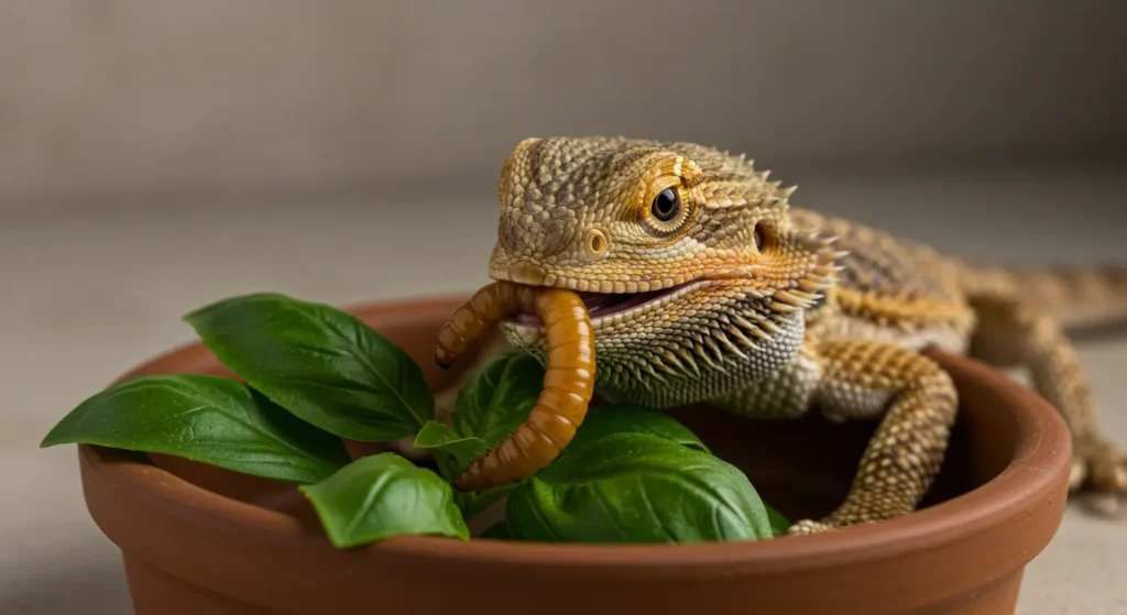 Bearded dragon eating wax worm on top of basil salad