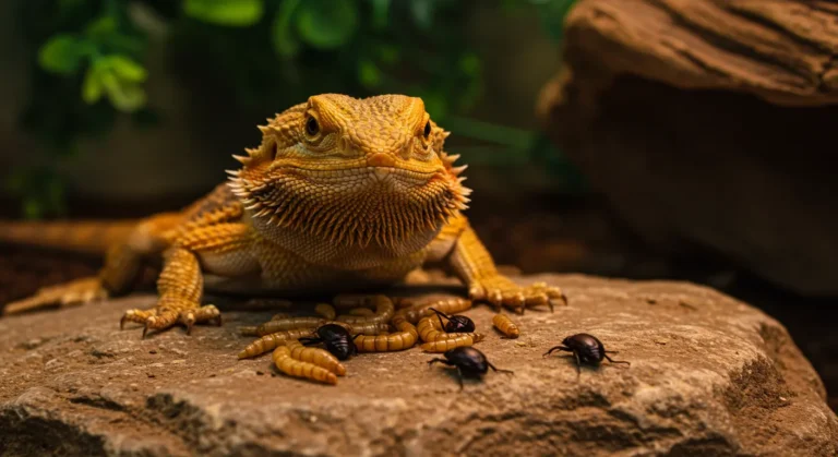 Bearded dragon staring at beetles on a rock