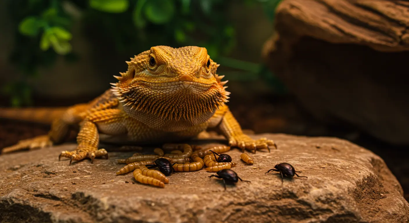Bearded dragon staring at beetles on a rock