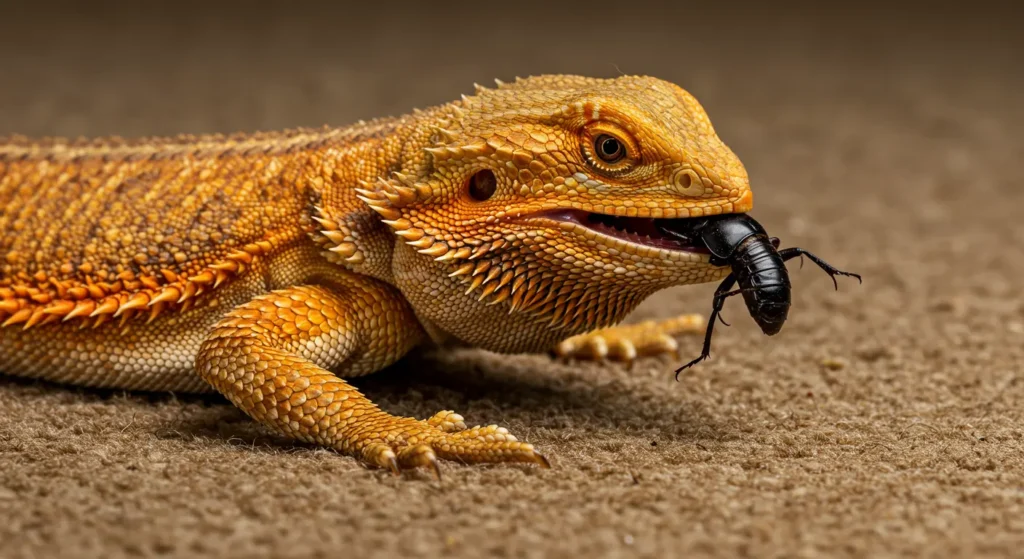 Bearded dragon eating a mealworm beetle