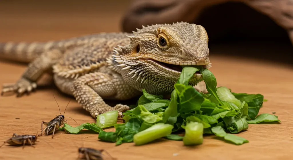 Female bearded dragon eating greens and insects