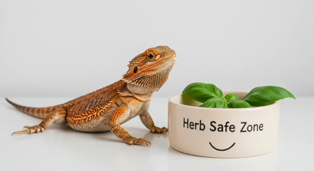 Photorealistic bearded dragon next to basil in herb safe zone bowl