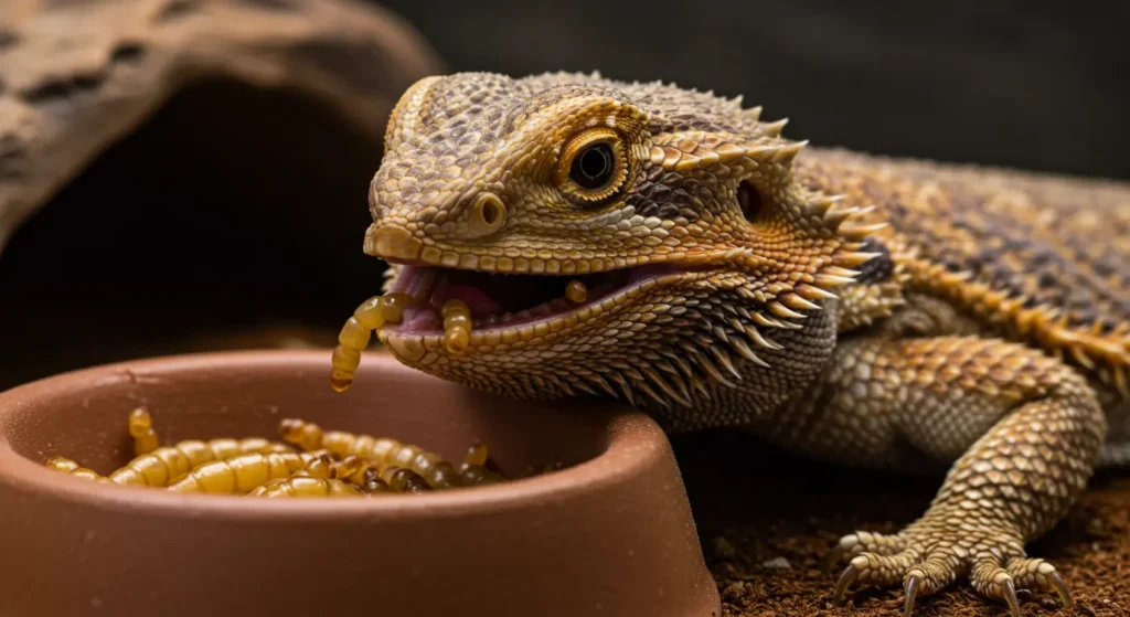 Bearded dragon looking at a pile of wax worms in a food dish