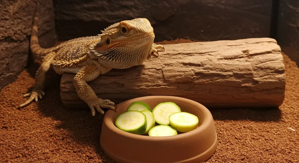 Can bearded dragons have zucchini? A bearded dragon looking at fresh zucchini slices in its food bowl.