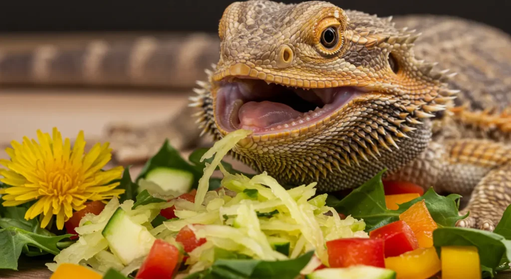 Bearded dragon eating a salad with zucchini, showing how bearded dragons can have zucchini as part of their diet.