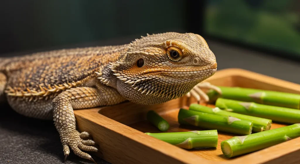 Bearded dragon inspecting fresh asparagus – Can Bearded Dragons Eat Asparagus