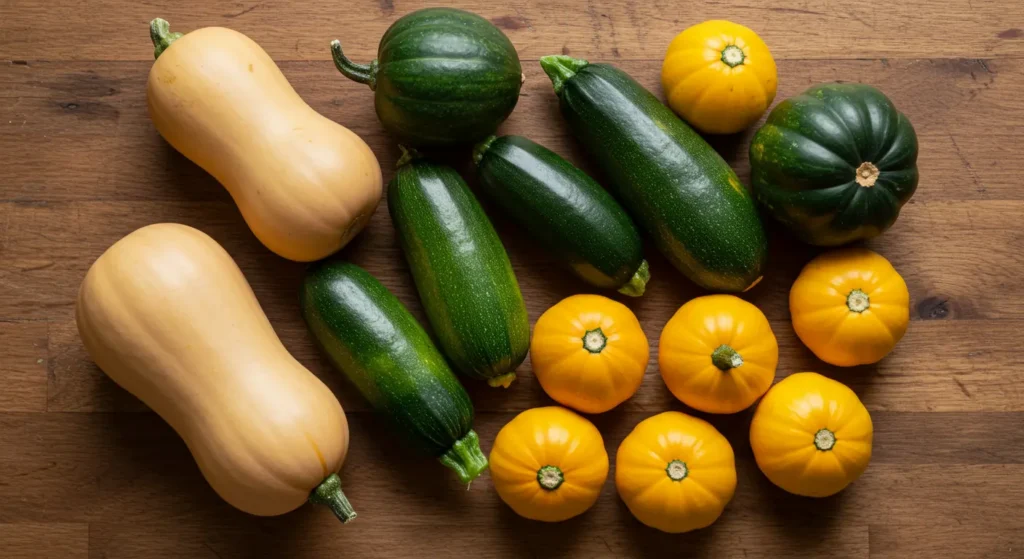Variety of squash types safe for bearded dragons including butternut and zucchini