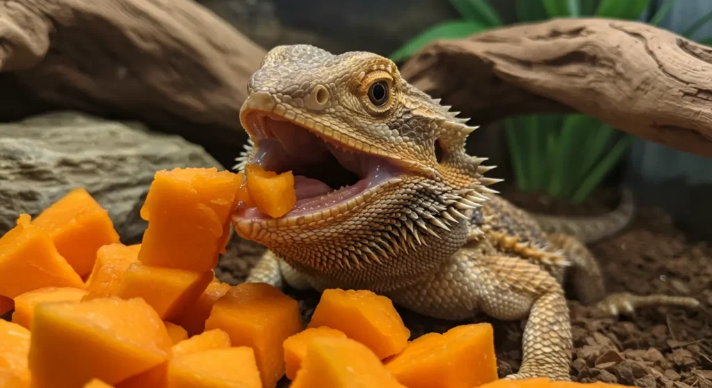 Bearded dragon eating squash illustrating hydration and nutrition benefits