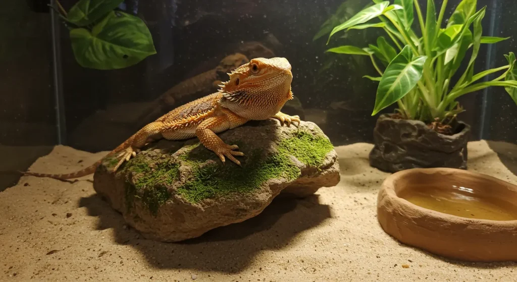 happy bearded dragon basking on a rock in a natural terrarium
