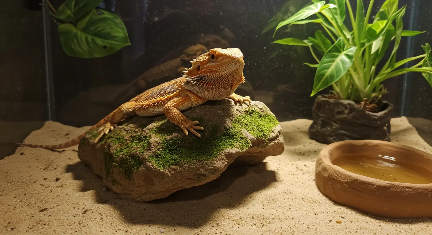 happy bearded dragon basking on a rock in a natural terrarium