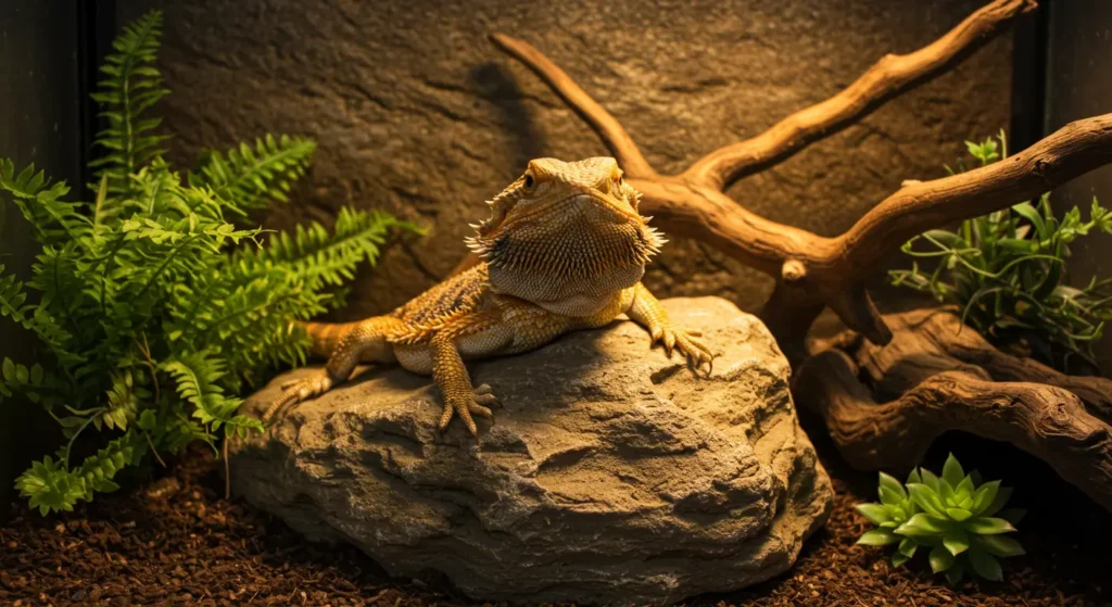 Bearded dragon basking on a rock under sunlight in a natural terrarium setup