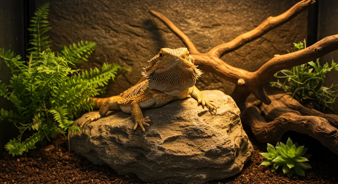 Bearded dragon basking on a rock under sunlight in a natural terrarium setup