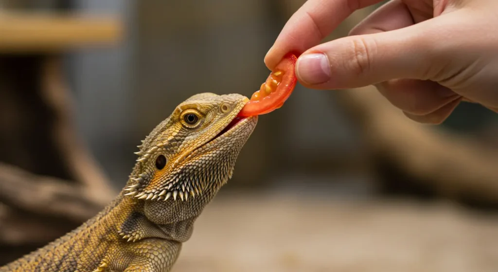 Hand feeding a bearded dragon a tiny piece of tomato