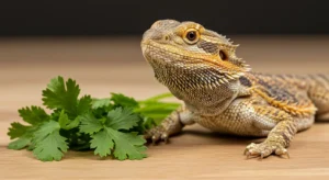 Central Bearded Dragon (Pogona vitticeps) inspecting fresh cilantro leaves in natural habitat