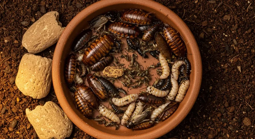dubia roaches and black soldier fly larvae in feeding dish for bearded dragons