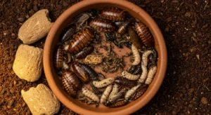 dubia roaches and black soldier fly larvae in feeding dish for bearded dragons