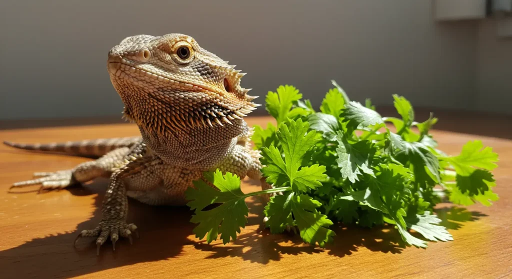 Bearded dragon with fresh coriander leaves – can bearded dragons eat coriander