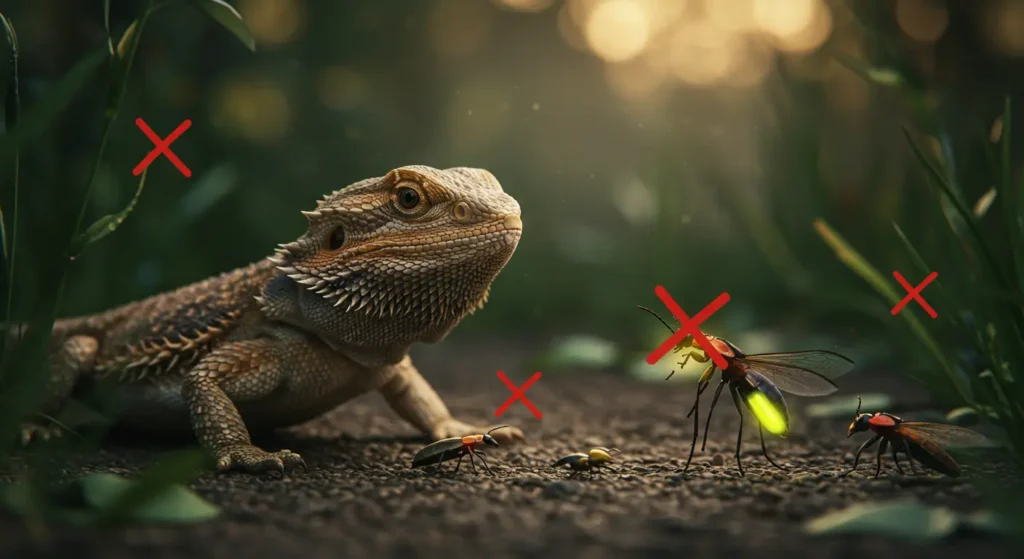 firefly and wild bugs with red X icons near a bearded dragon