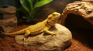 Bright Citrus Bearded Dragon Morph basking on rock