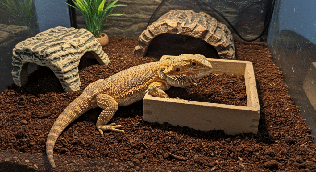 Female bearded dragon preparing to lay eggs in a moist lay box inside her tank.