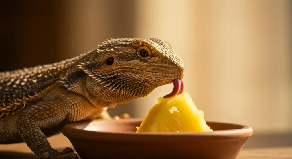 healthy bearded dragon enjoying safe fruits including pineapple