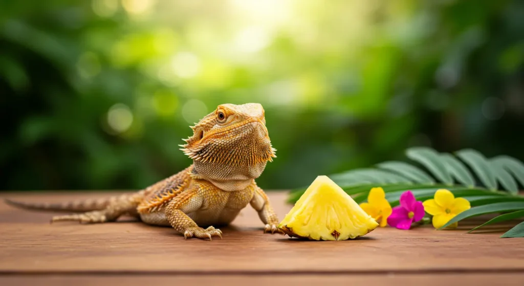 bearded dragon with pineapple on a wooden table