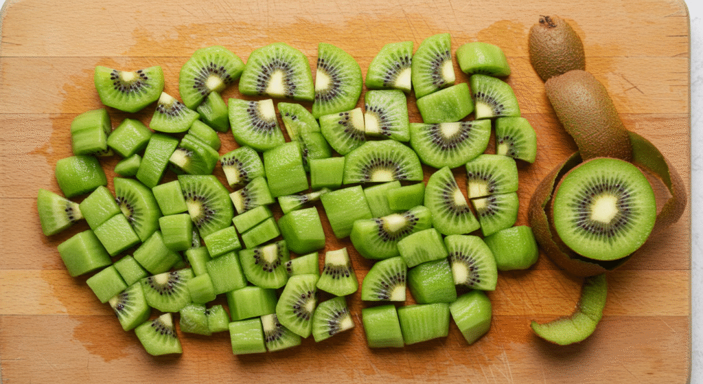 Peeled and sliced kiwi fruit prepared for feeding bearded dragons safely