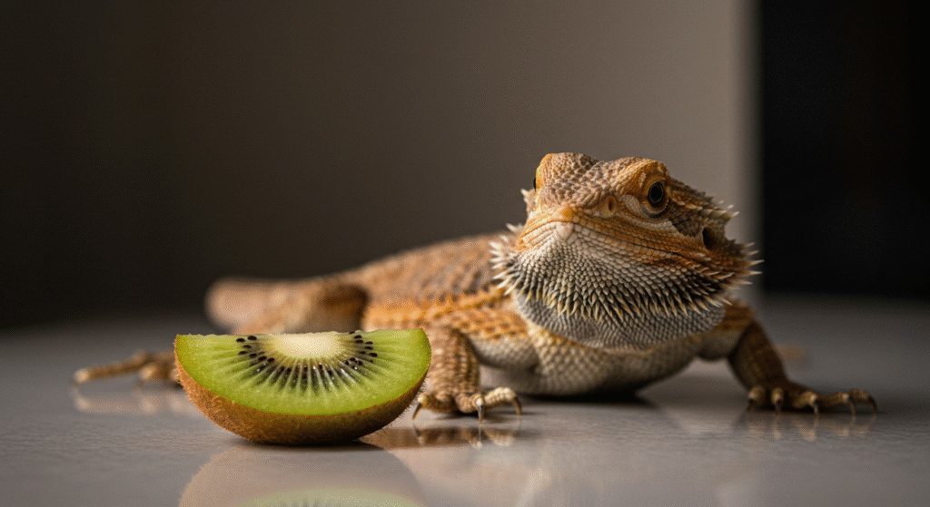 Bearded dragon cautiously approaching kiwi fruit highlighting risks of feeding kiwi fruit