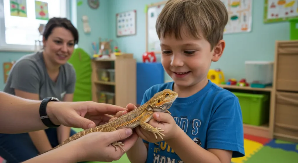 Child holding a bearded dragon safely – are bearded dragons venomous to humans
