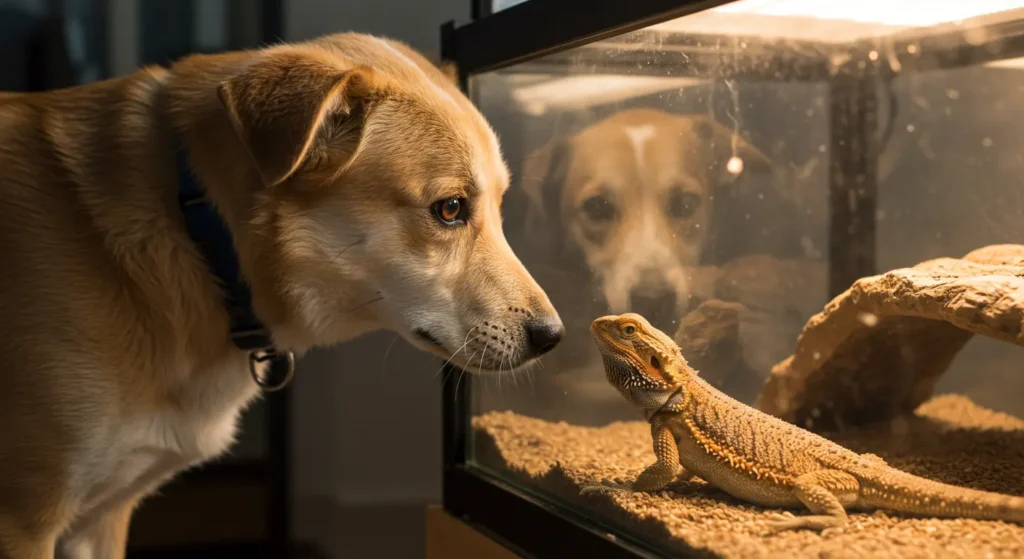 Dog observing a bearded dragon safely – are bearded dragons venomous to pets
