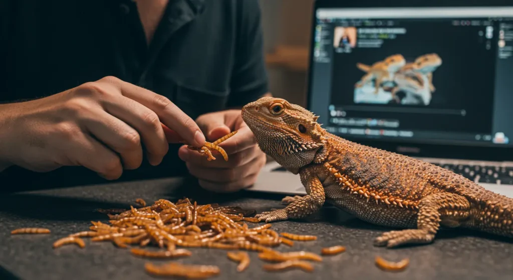 Reptile owner feeding wax worms to bearded dragon, answering can bearded dragons eat wax worms reddit questions