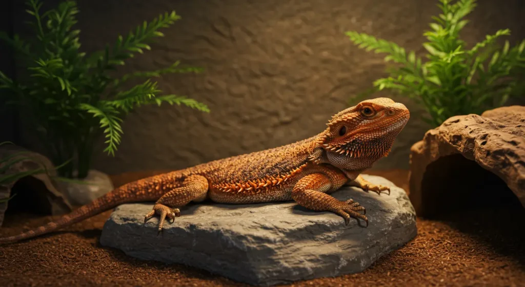 Bearded dragon not moving on a basking rock in its enclosure