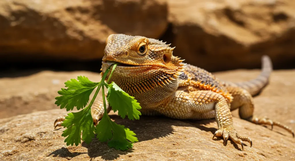 Can bearded dragons eat cilantro: healthy bearded dragon eating fresh cilantro leaves