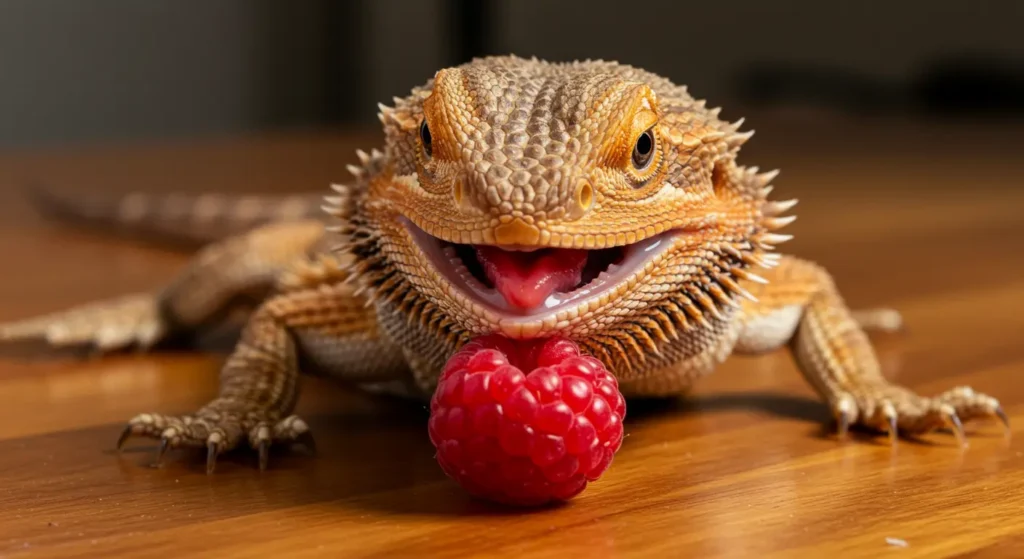 Happy bearded dragon eating raspberries – Can bearded dragons have raspberries